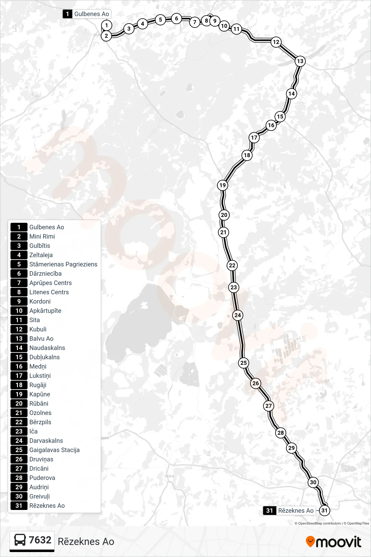 7632 bus Line (Rēzeknes Ao) route and stops on a map