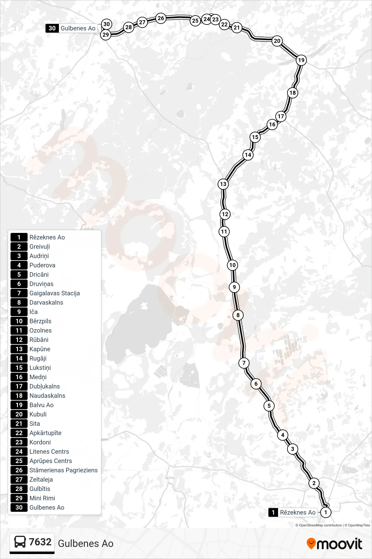 7632 bus Line (Gulbenes Ao) route and stops on a map