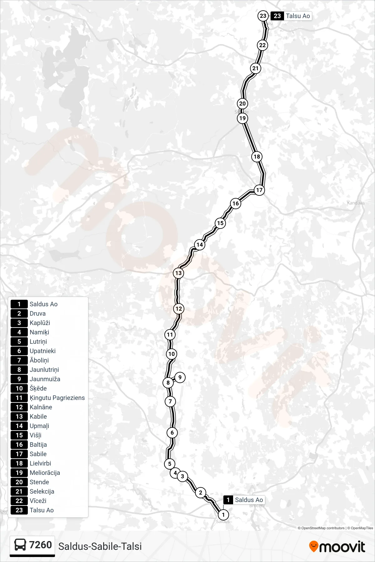 7260 bus Line (Talsu Ao) route and stops on a map