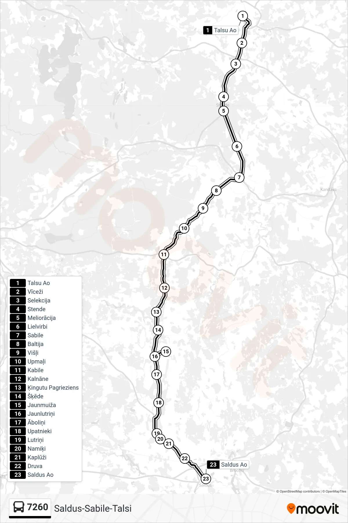 7260 bus Line (Saldus Ao) route and stops on a map