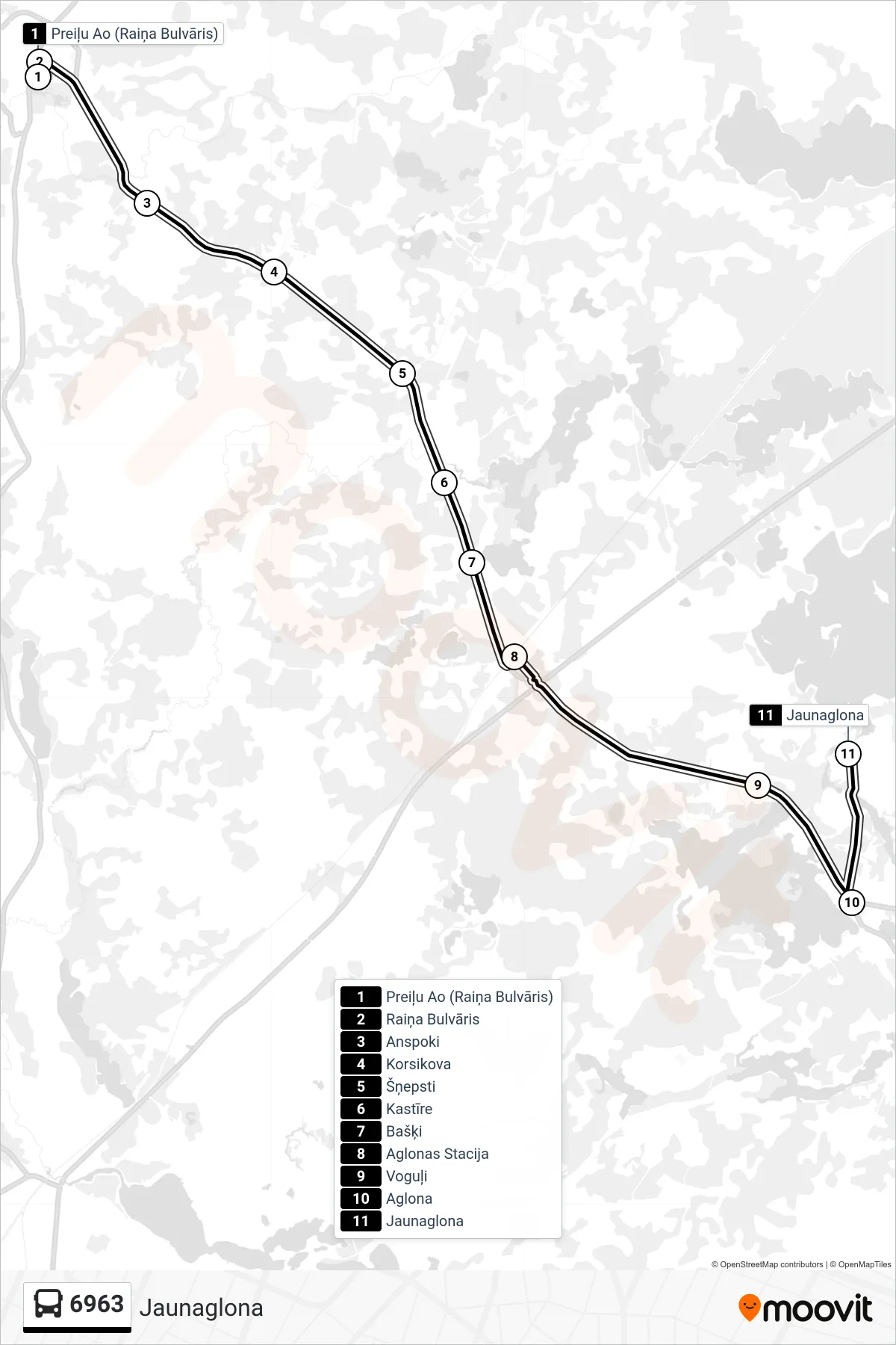 6963 bus Line (Jaunaglona) route and stops on a map