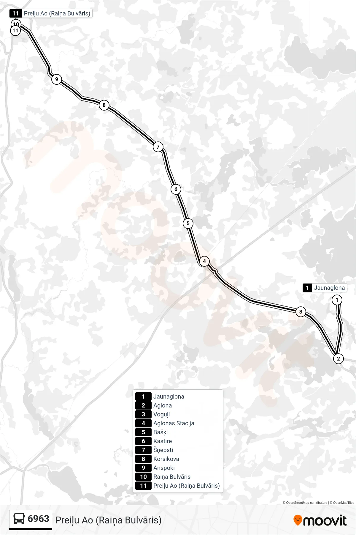 6963 bus Line (Preiļu Ao (Raiņa Bulvāris)) route and stops on a map