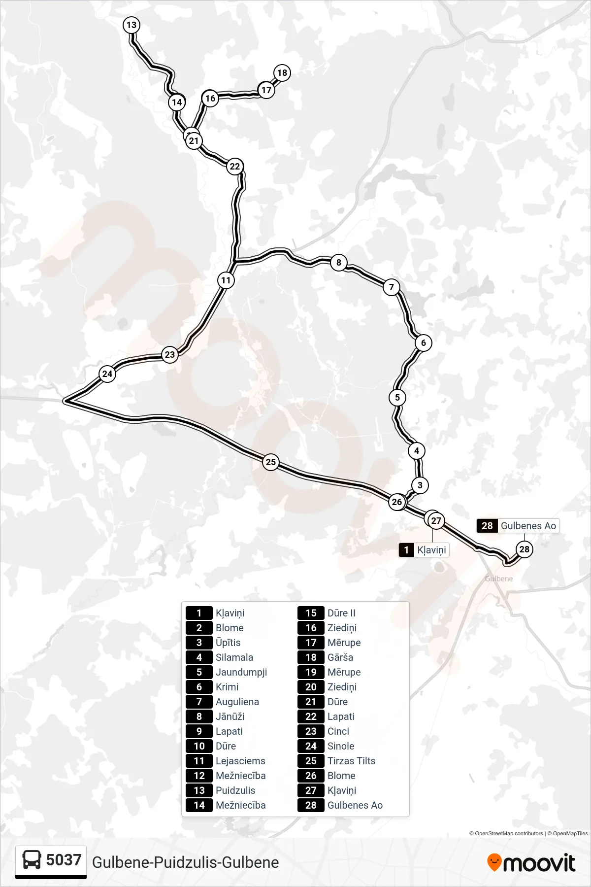 5037 bus Line (Gulbenes Ao) route and stops on a map