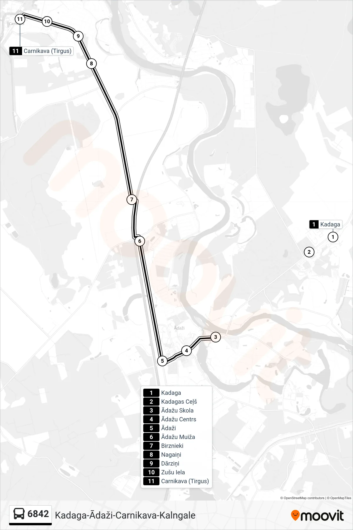 6842 bus Line (Carnikava (Tirgus)) route and stops on a map