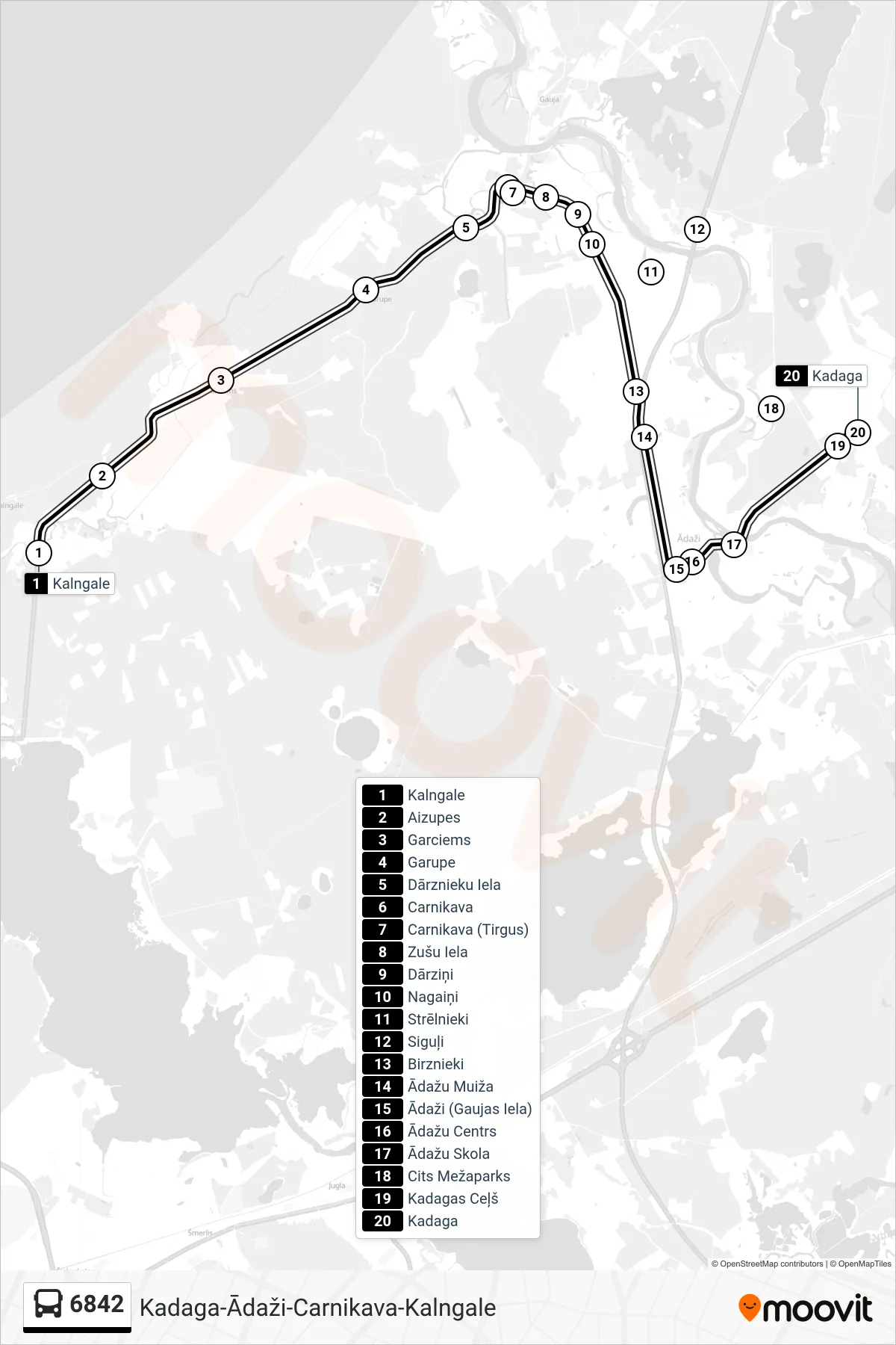 6842 bus Line (Kadaga) route and stops on a map