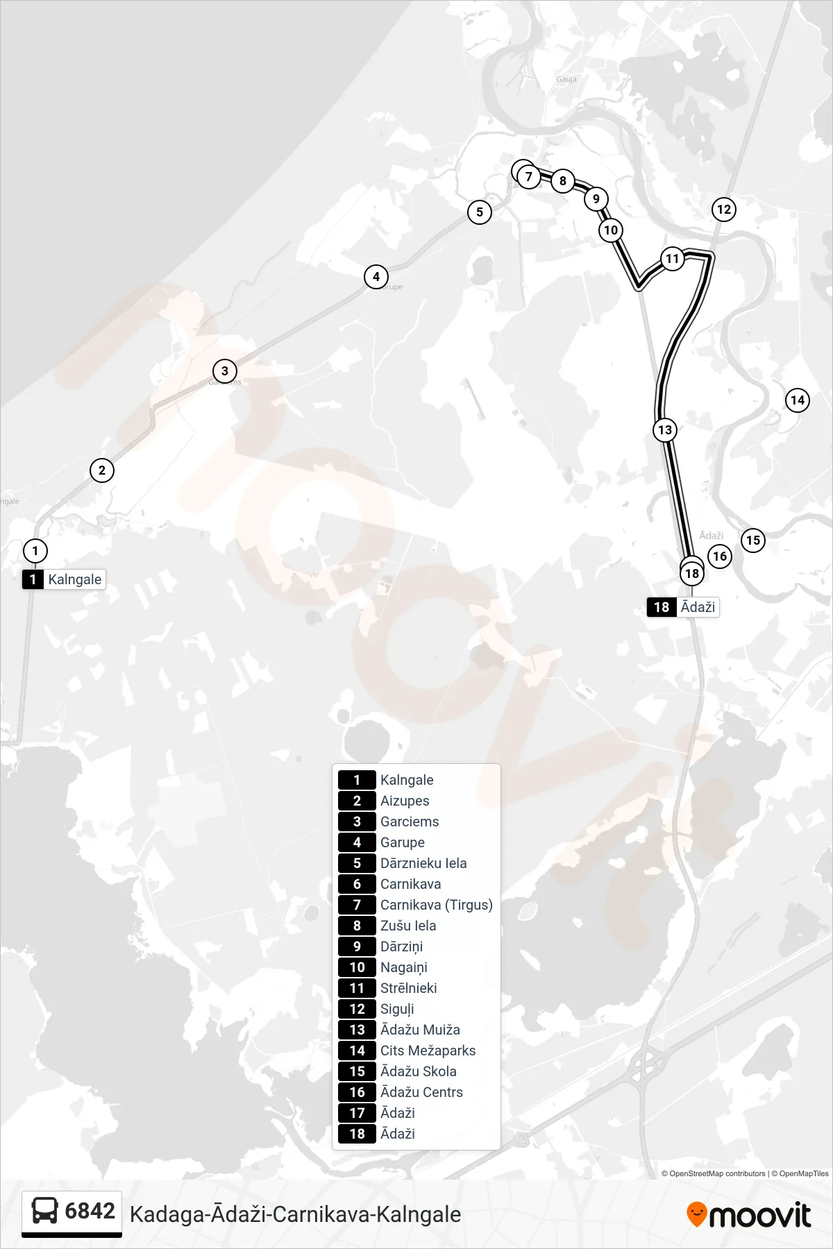 6842 bus Line (Ādaži) route and stops on a map