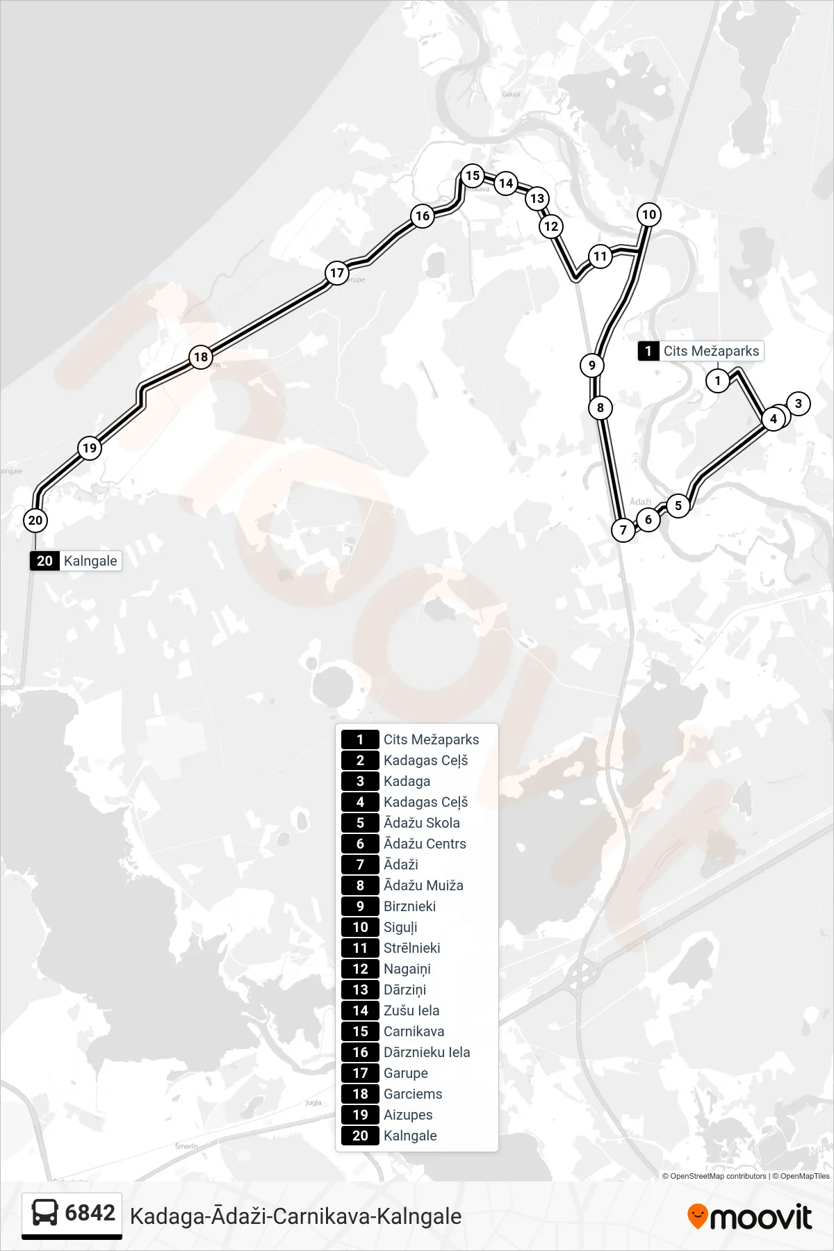 6842 bus Line (Kalngale) route and stops on a map