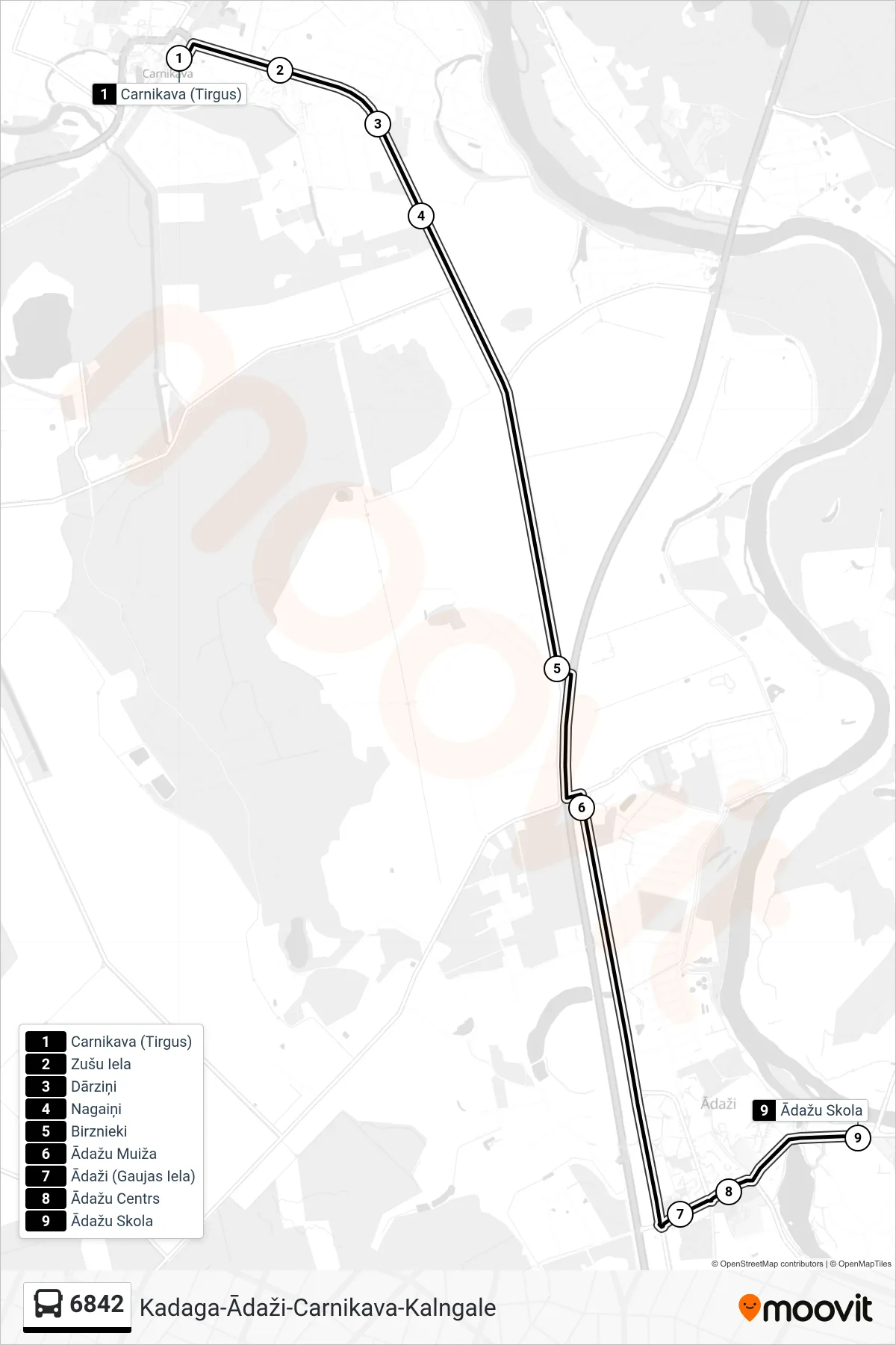 6842 bus Line (Ādažu Skola) route and stops on a map