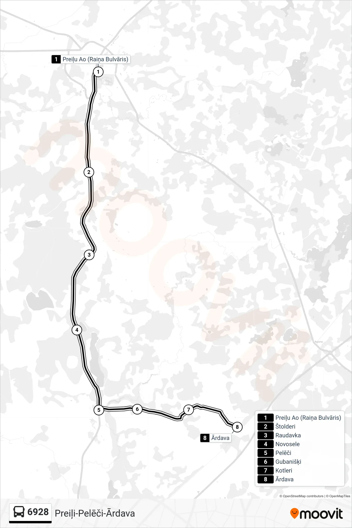 6928 bus Line (Ārdava) route and stops on a map