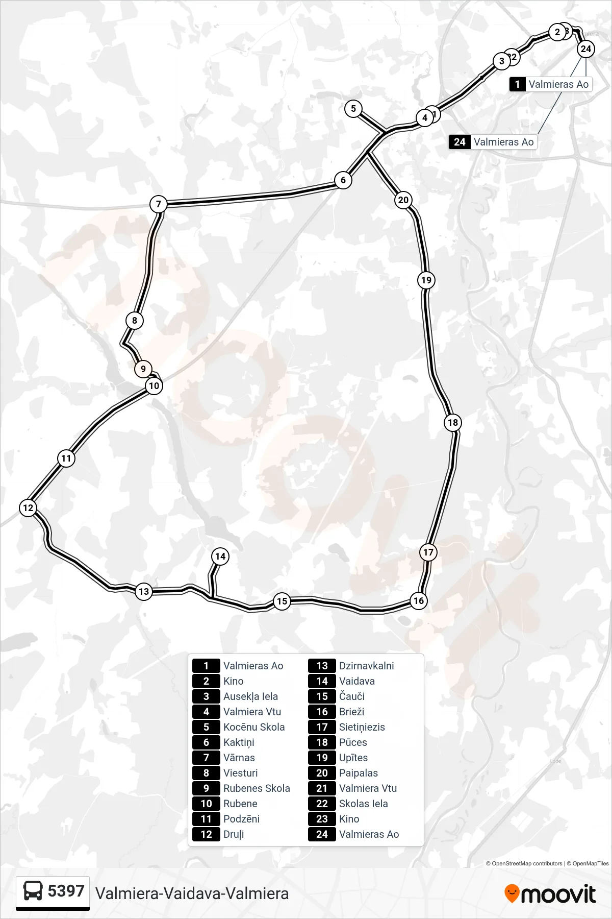 5397 bus Line (Valmieras Ao) route and stops on a map