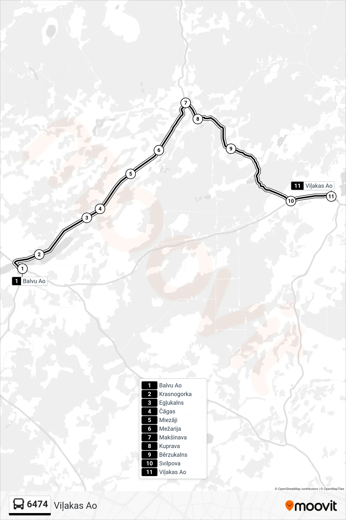 6474 bus Line (Viļakas Ao) route and stops on a map