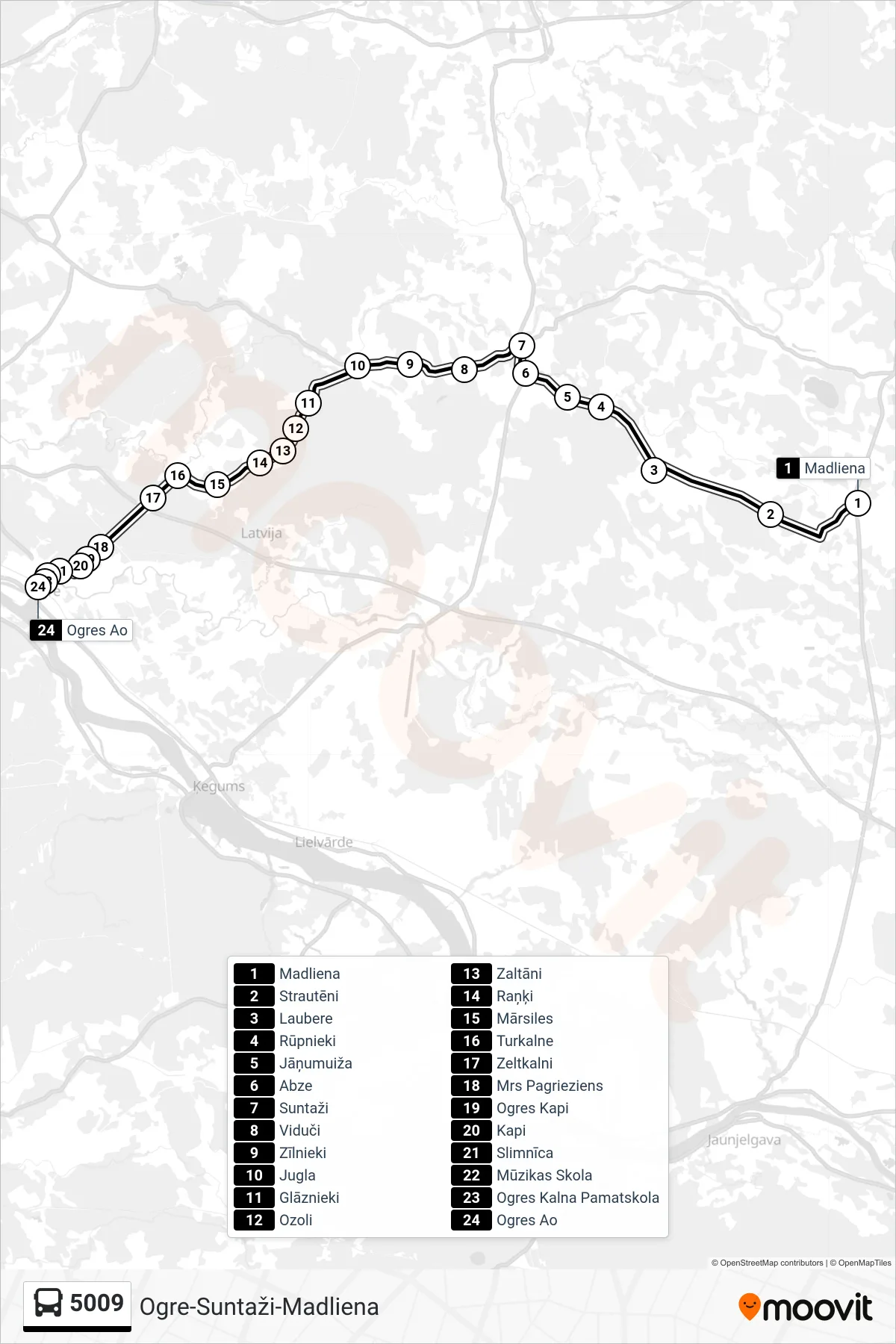 5009 bus Line (Ogres Ao) route and stops on a map