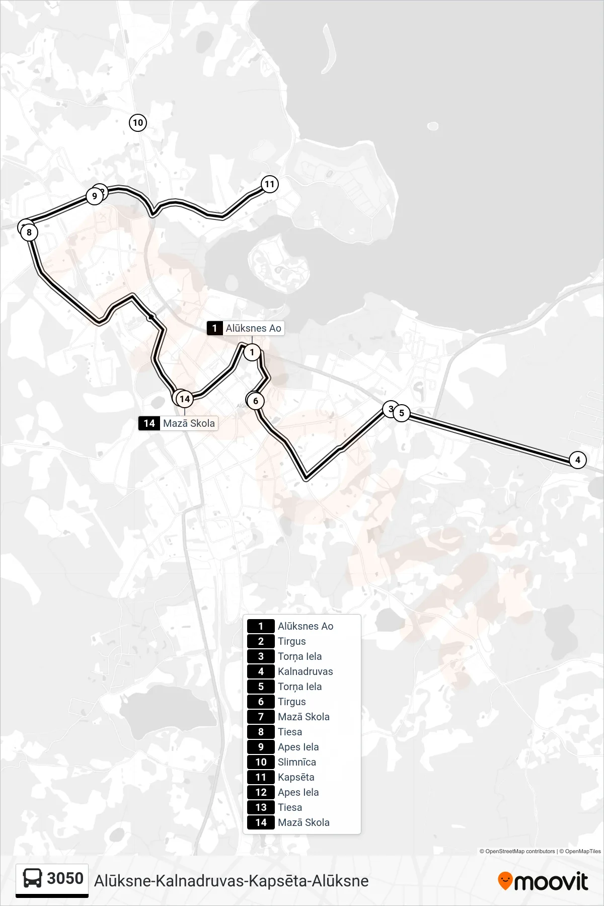 3050 bus Line (Alūksnes Ao) route and stops on a map