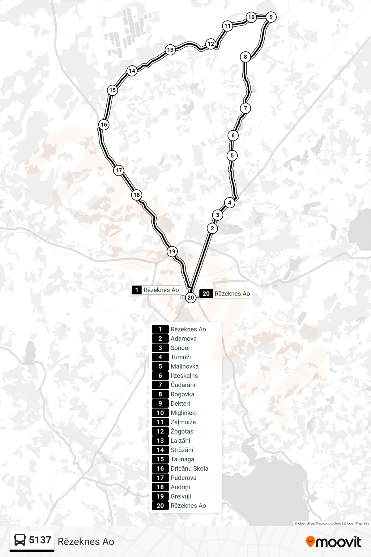 5137 bus Line (Rēzeknes Ao) route and stops on a map