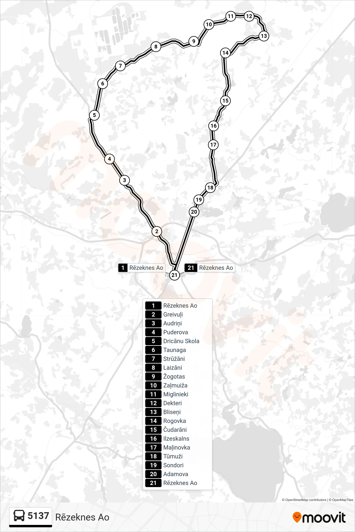 5137 bus Line (Rēzeknes Ao) route and stops on a map