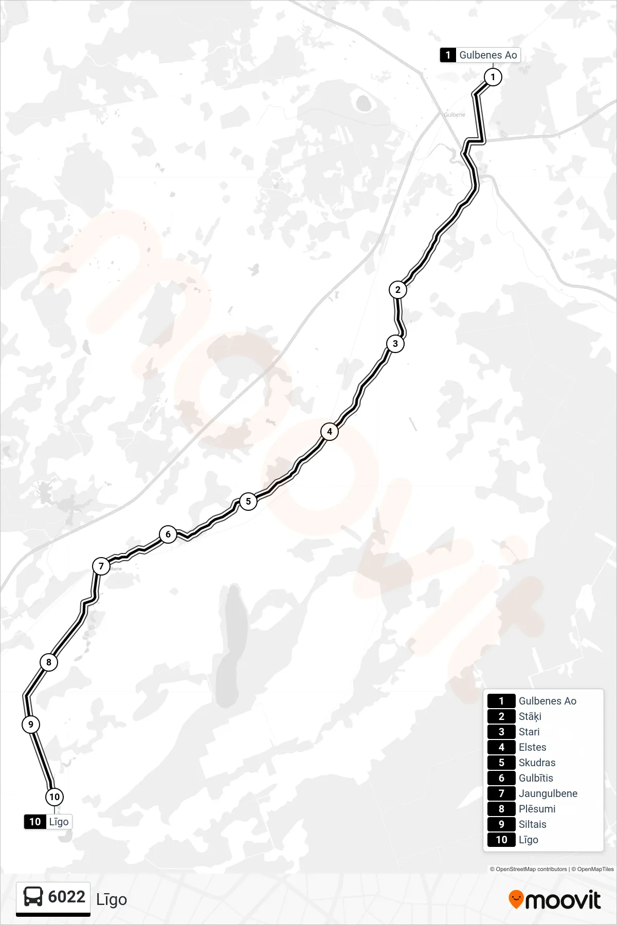 6022 bus Line (Līgo) route and stops on a map