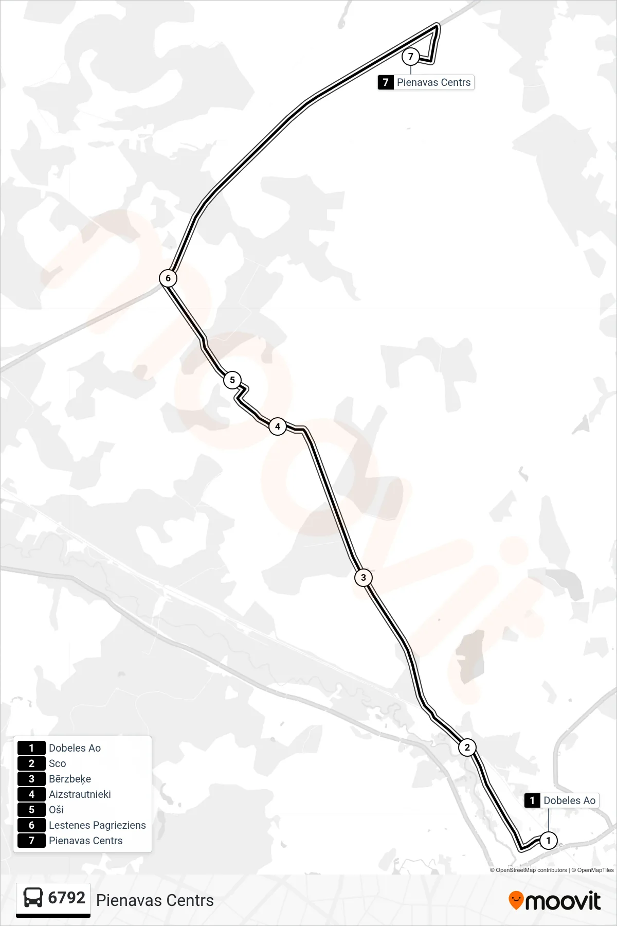 6792 bus Line (Pienavas Centrs) route and stops on a map