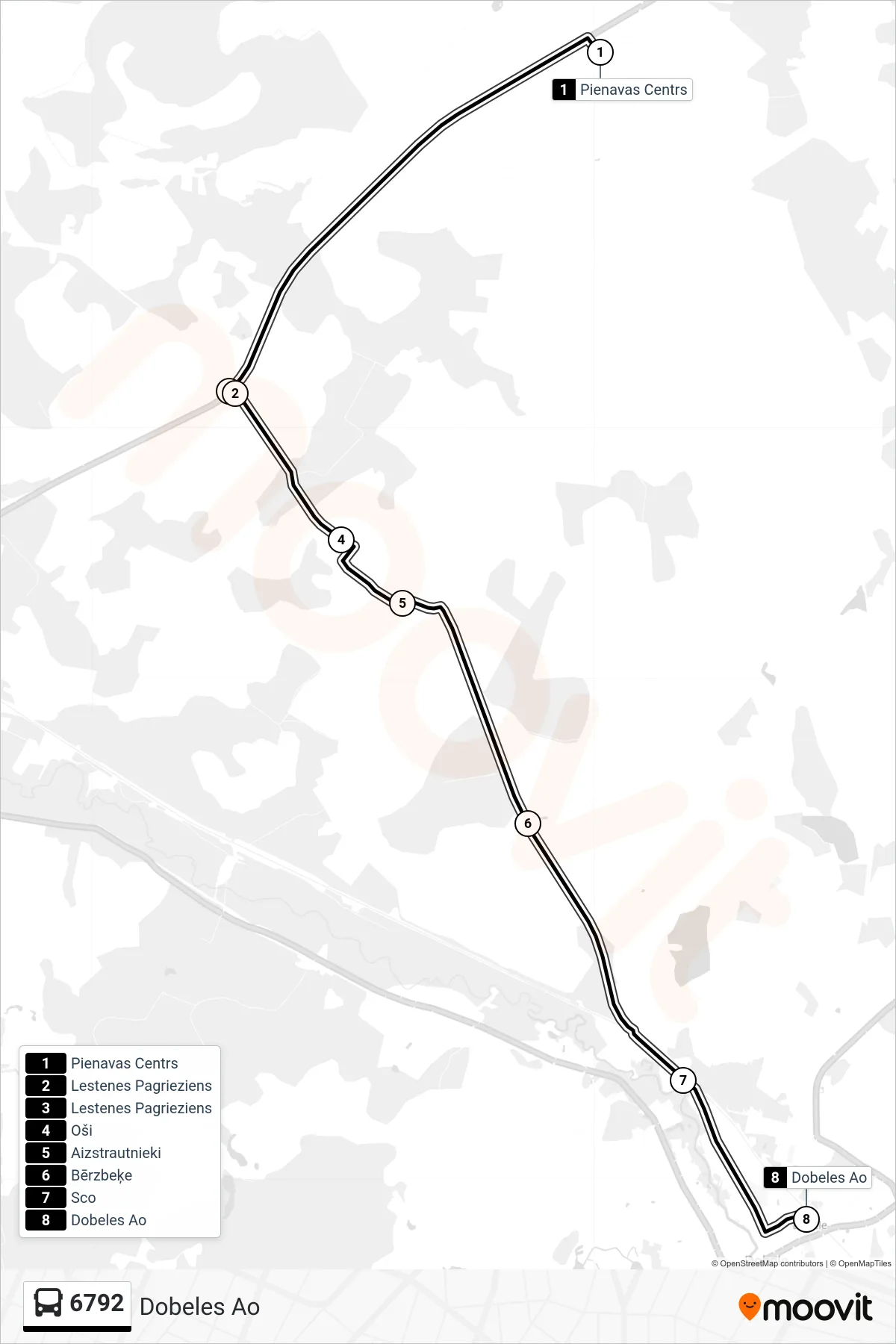 6792 bus Line (Dobeles Ao) route and stops on a map