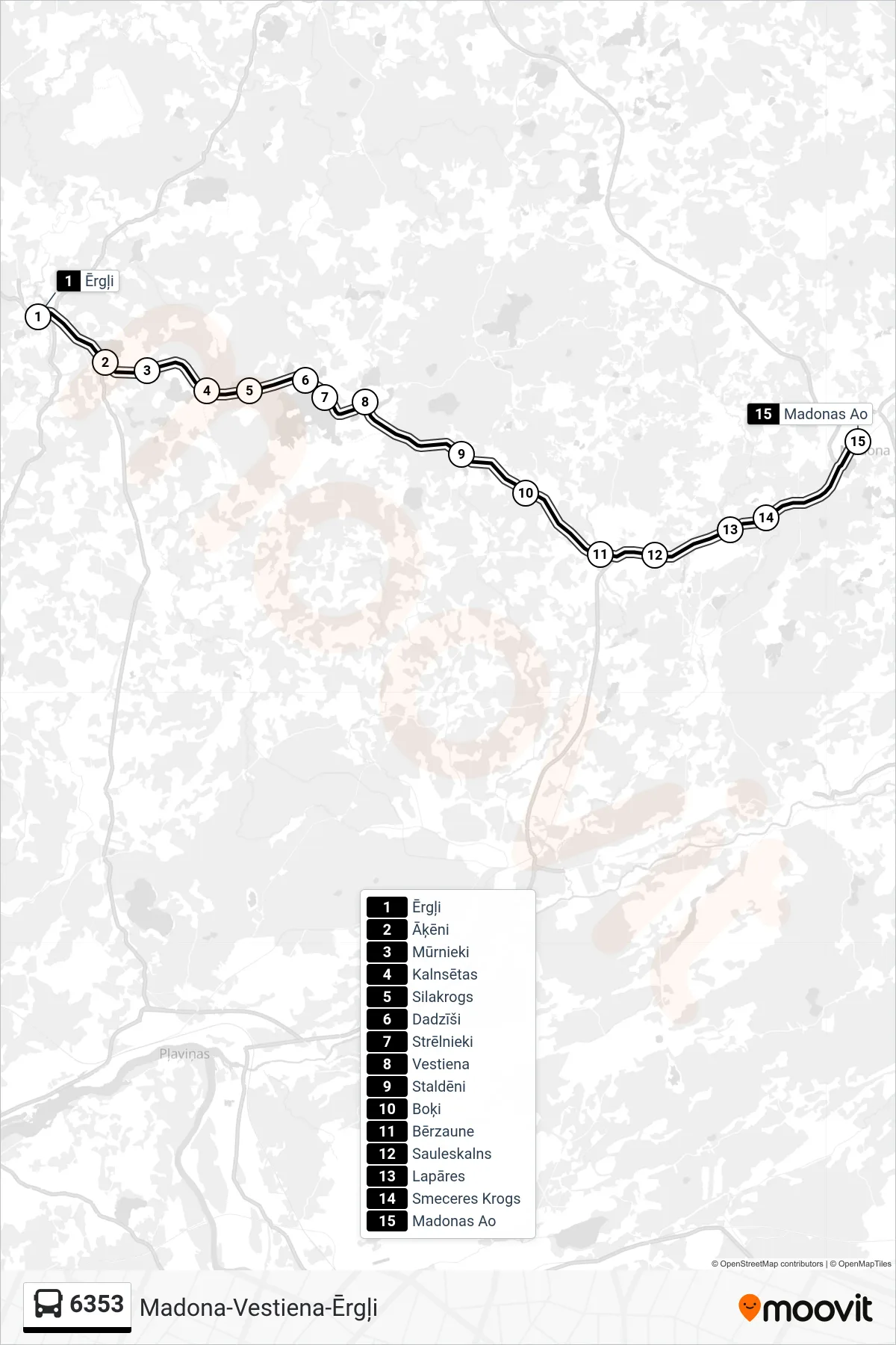 6353 bus Line (Madonas Ao) route and stops on a map