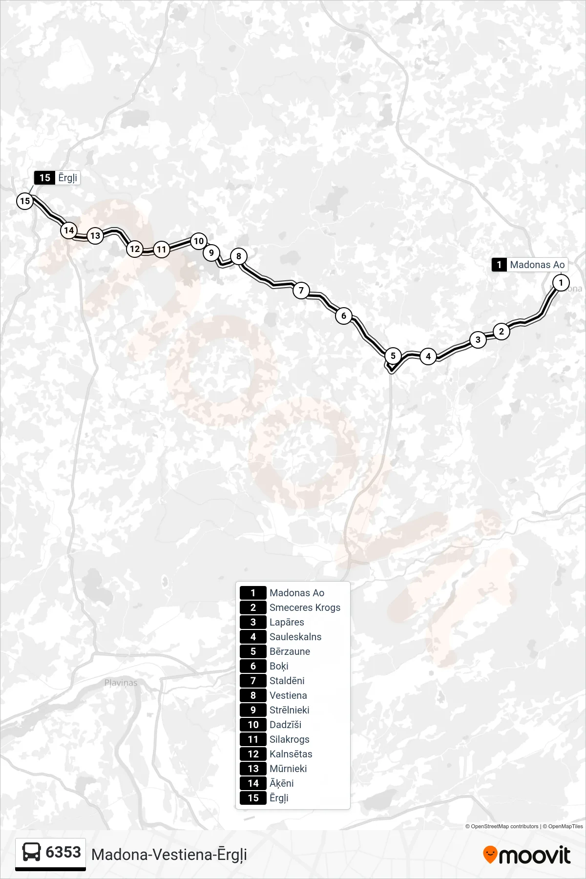 6353 bus Line (Ērgļi) route and stops on a map