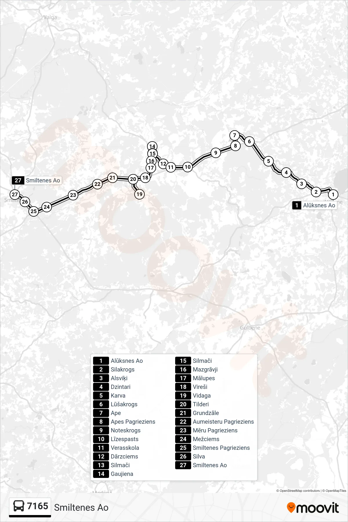 7165 bus Line (Smiltenes Ao) route and stops on a map
