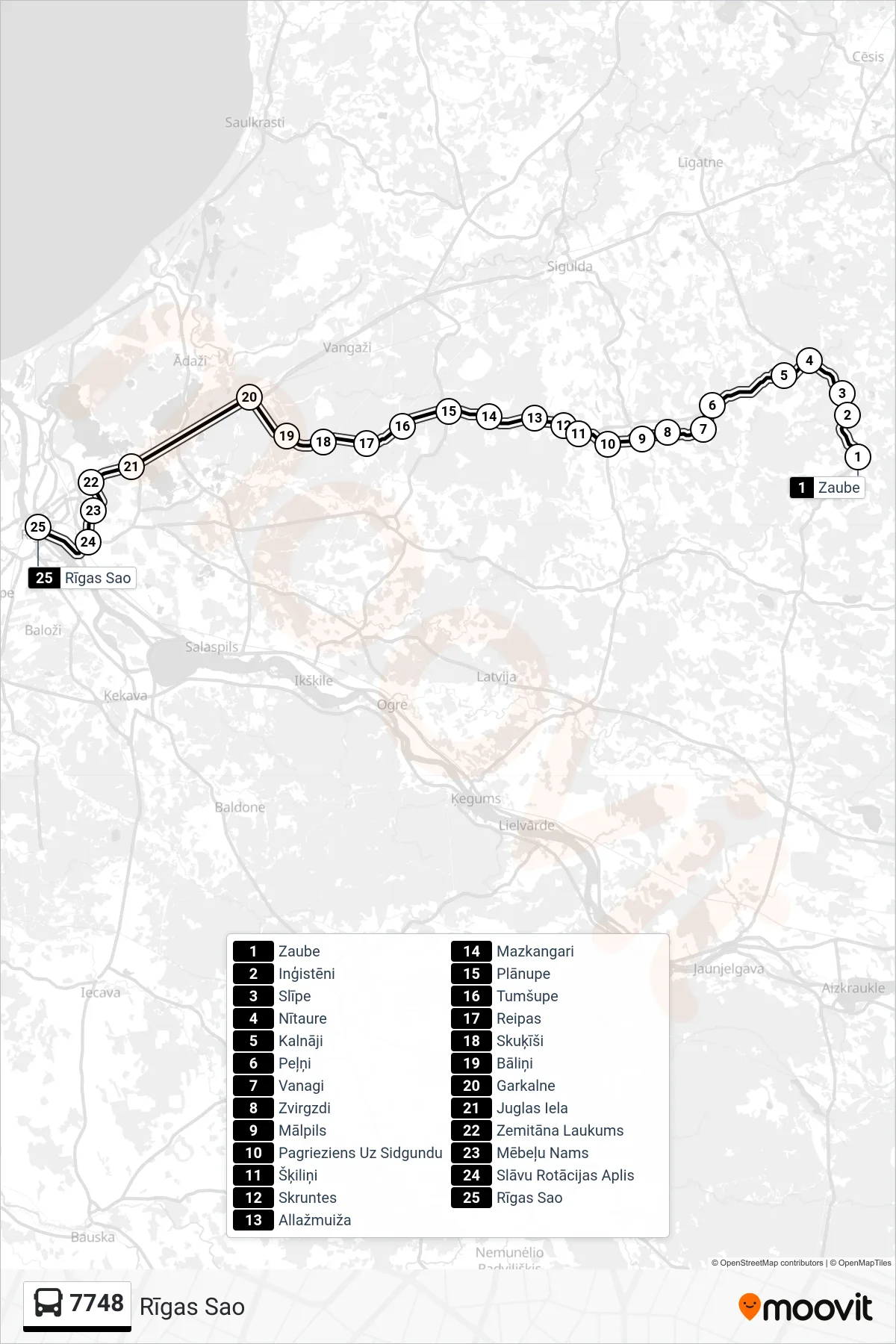 7748 bus Line (Rīgas Sao) route and stops on a map