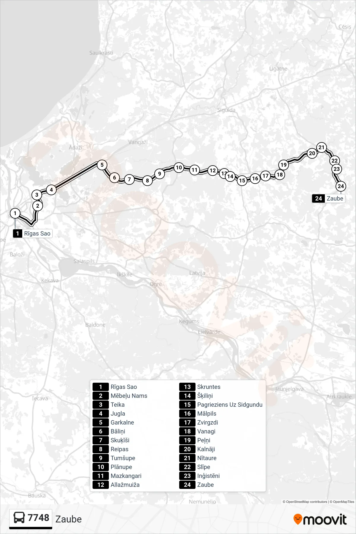 7748 bus Line (Zaube) route and stops on a map