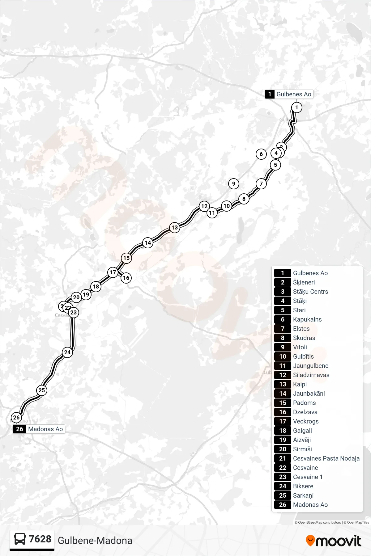 7628 bus Line (Madonas Ao) route and stops on a map