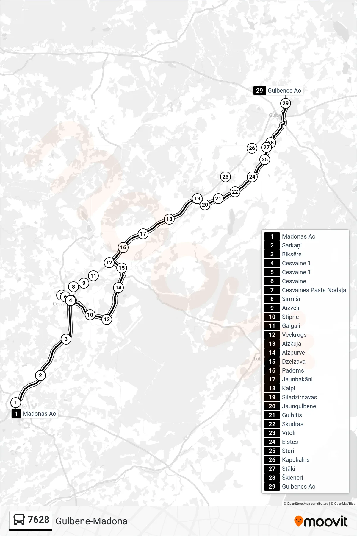 7628 bus Line (Gulbenes Ao) route and stops on a map