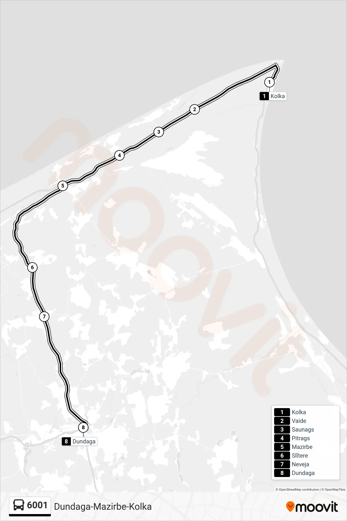 6001 bus Line (Dundaga) route and stops on a map