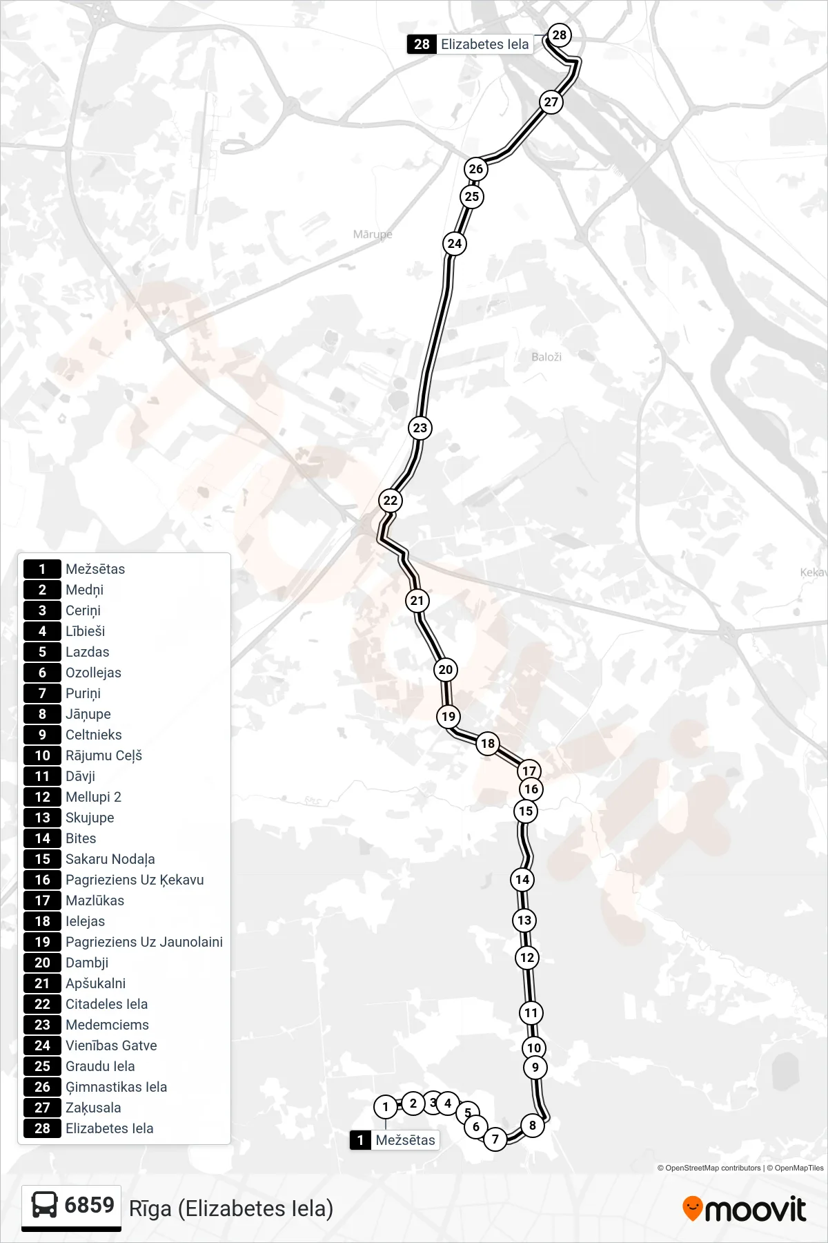 6859 bus Line (Rīga (Elizabetes Iela)) route and stops on a map
