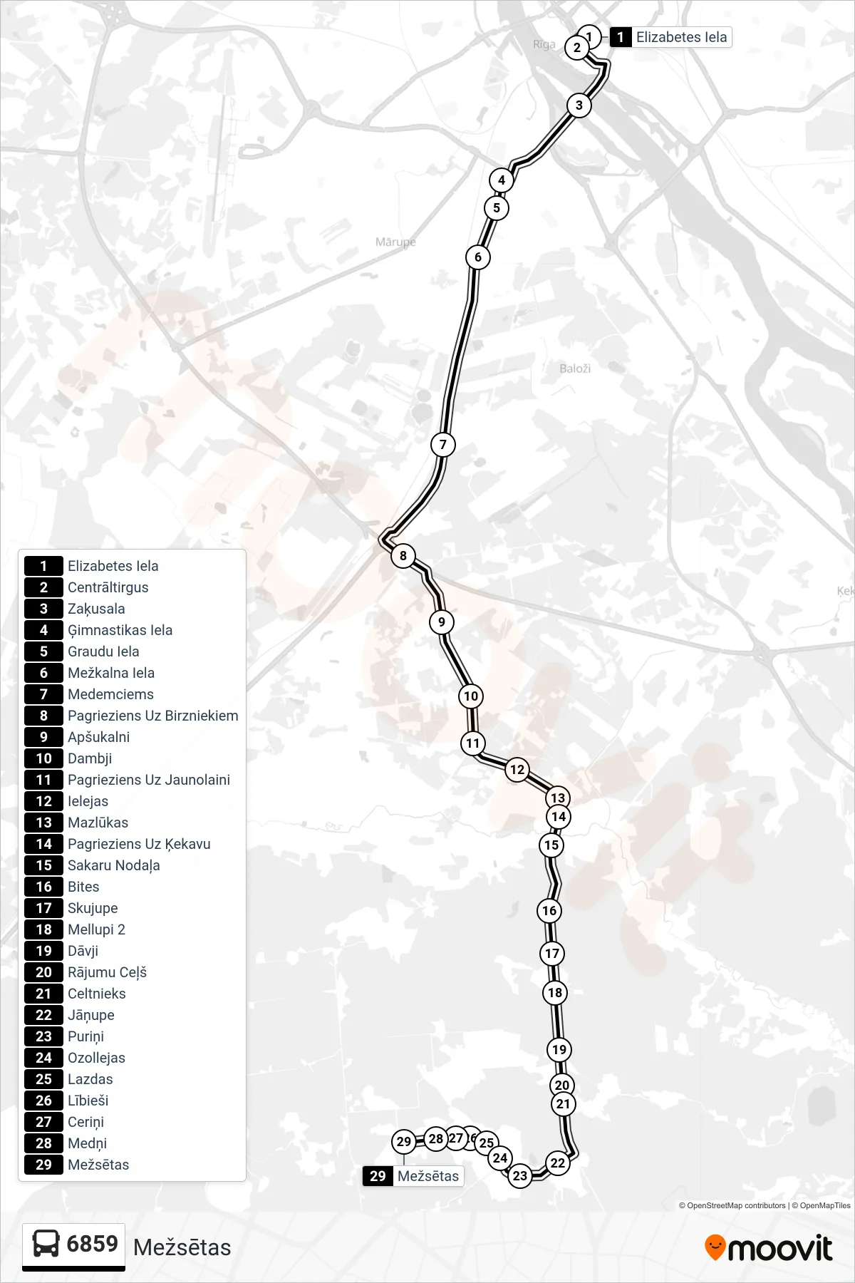 6859 bus Line (Mežsētas) route and stops on a map