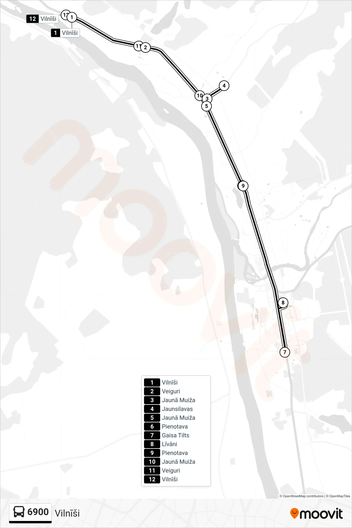 6900 bus Line (Vilnīši) route and stops on a map