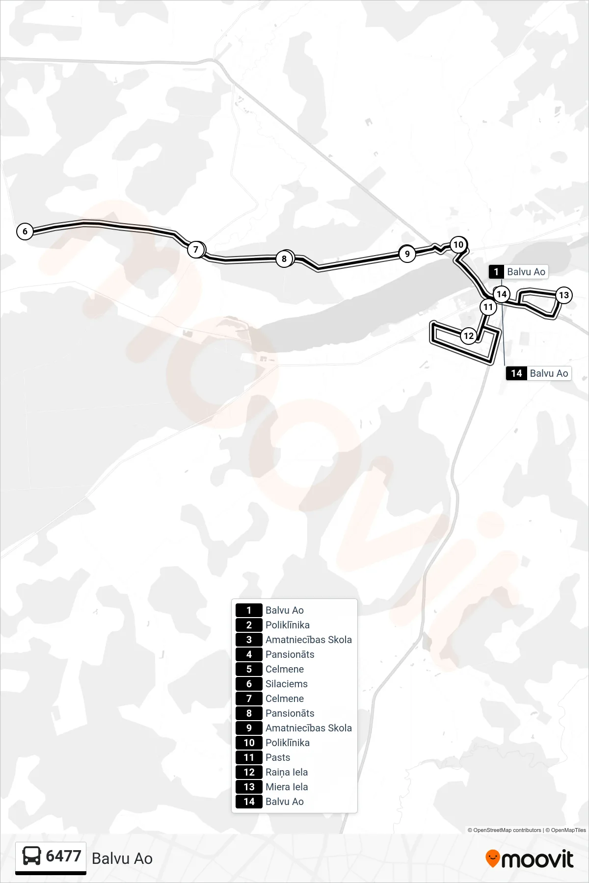 6477 bus Line (Balvu Ao) route and stops on a map