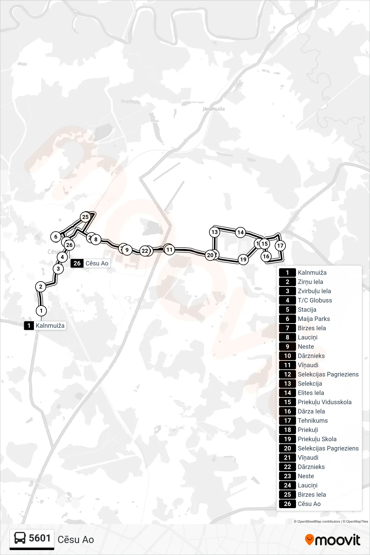 5601 bus Line (Cēsu Ao) route and stops on a map