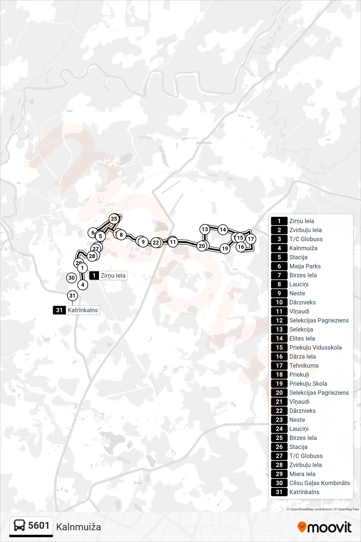 5601 bus Line (Kalnmuiža) route and stops on a map