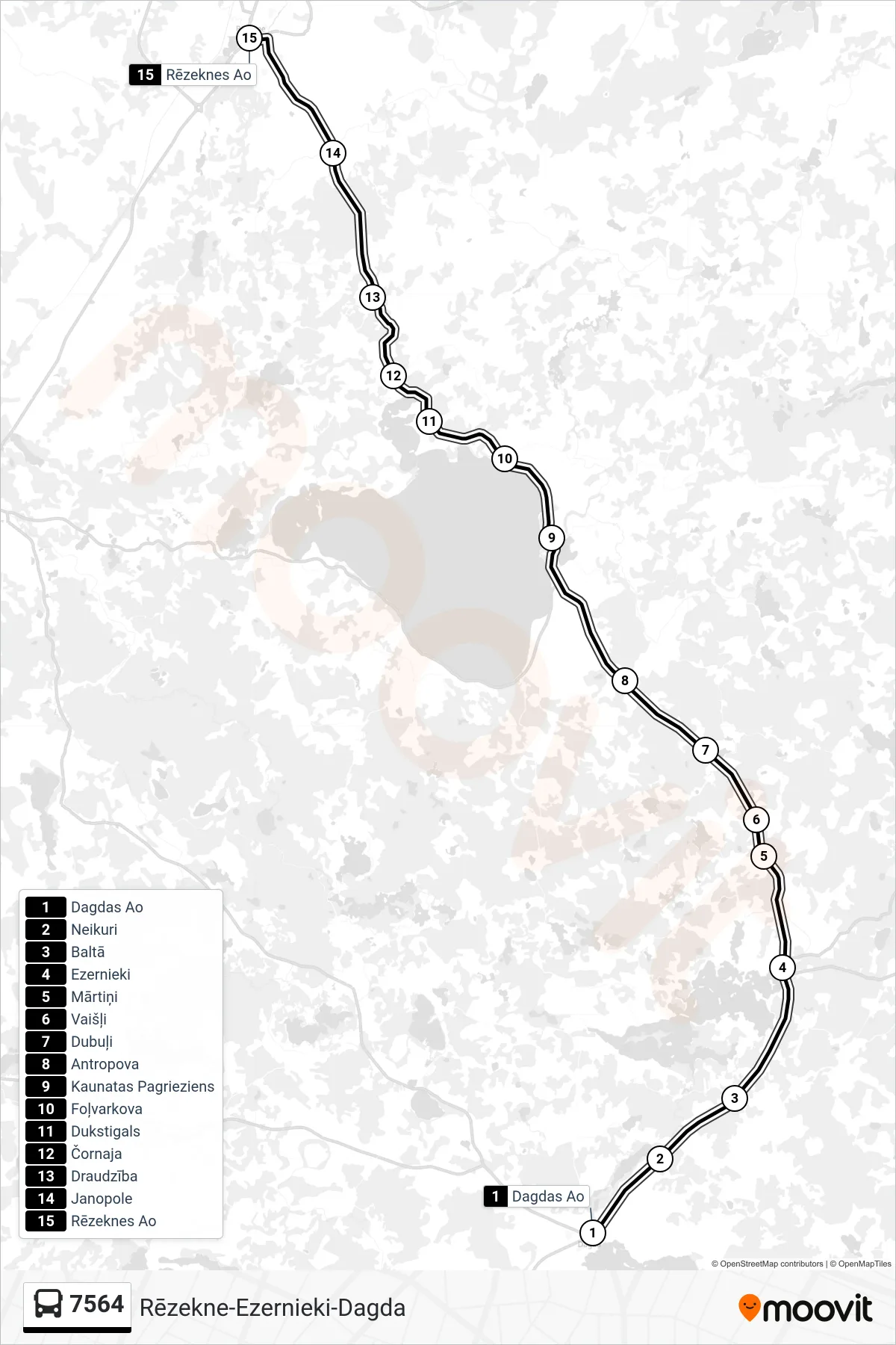 7564 bus Line (Rēzeknes Ao) route and stops on a map