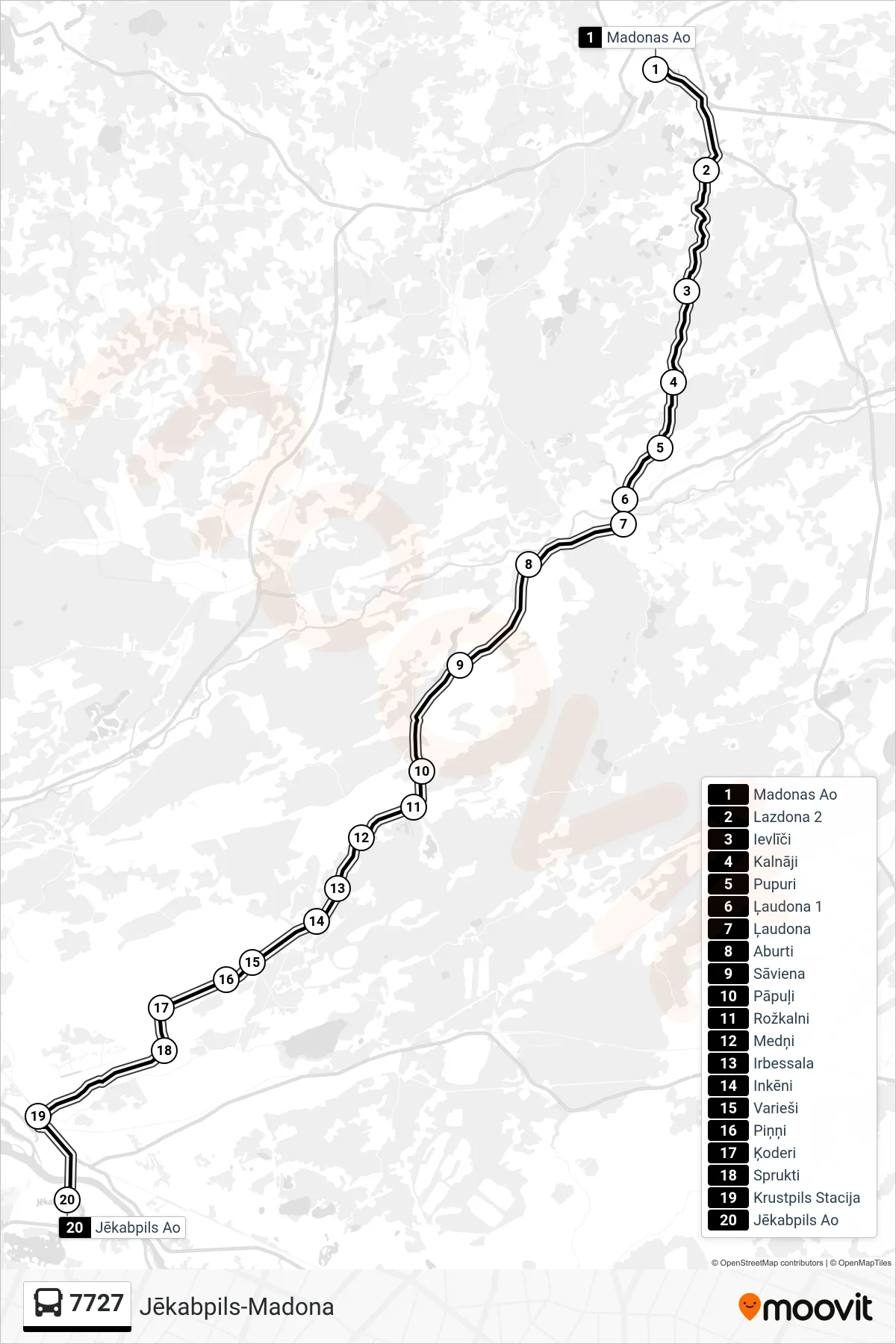 7727 bus Line (Jēkabpils Ao) route and stops on a map