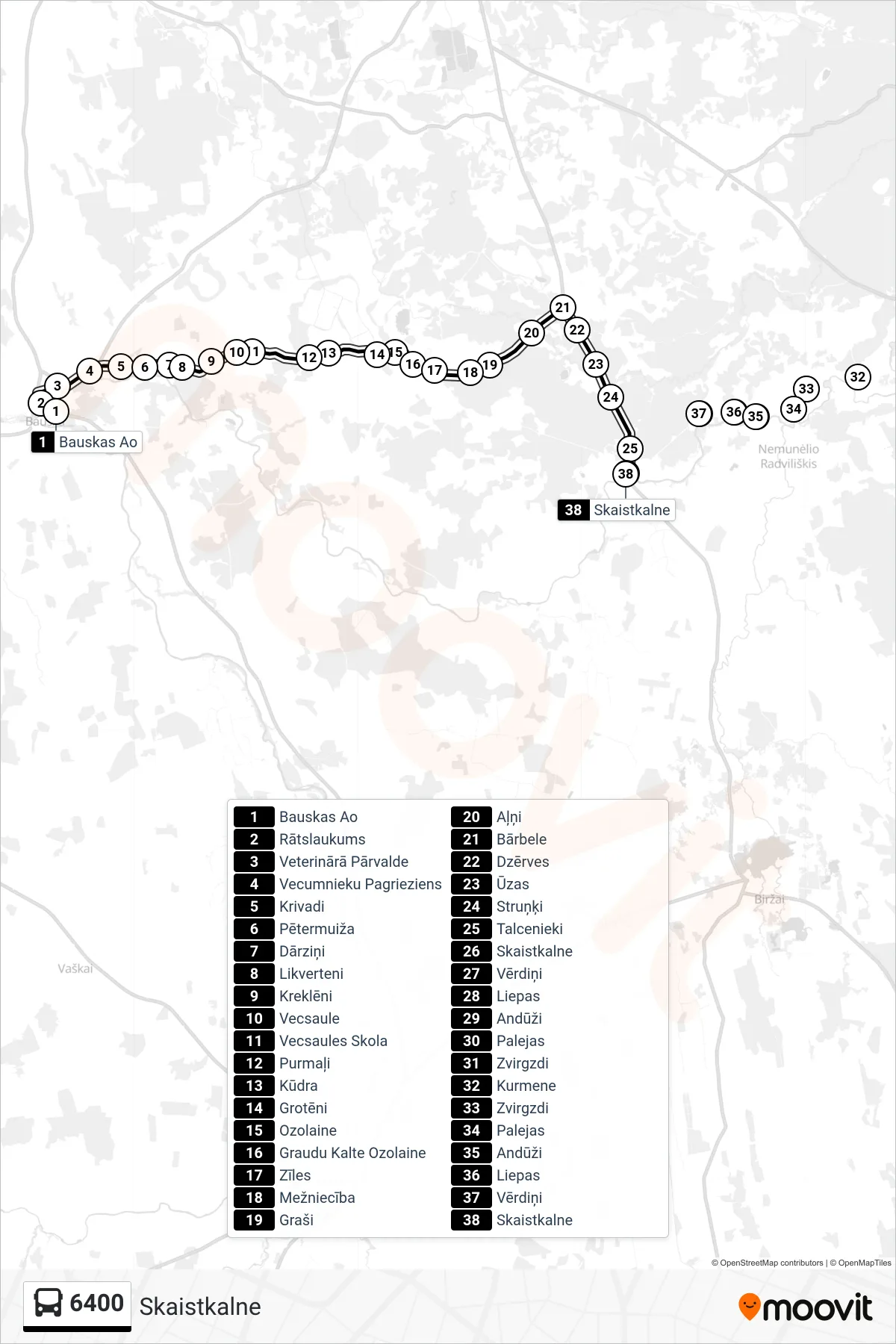 6400 bus Line (Skaistkalne) route and stops on a map