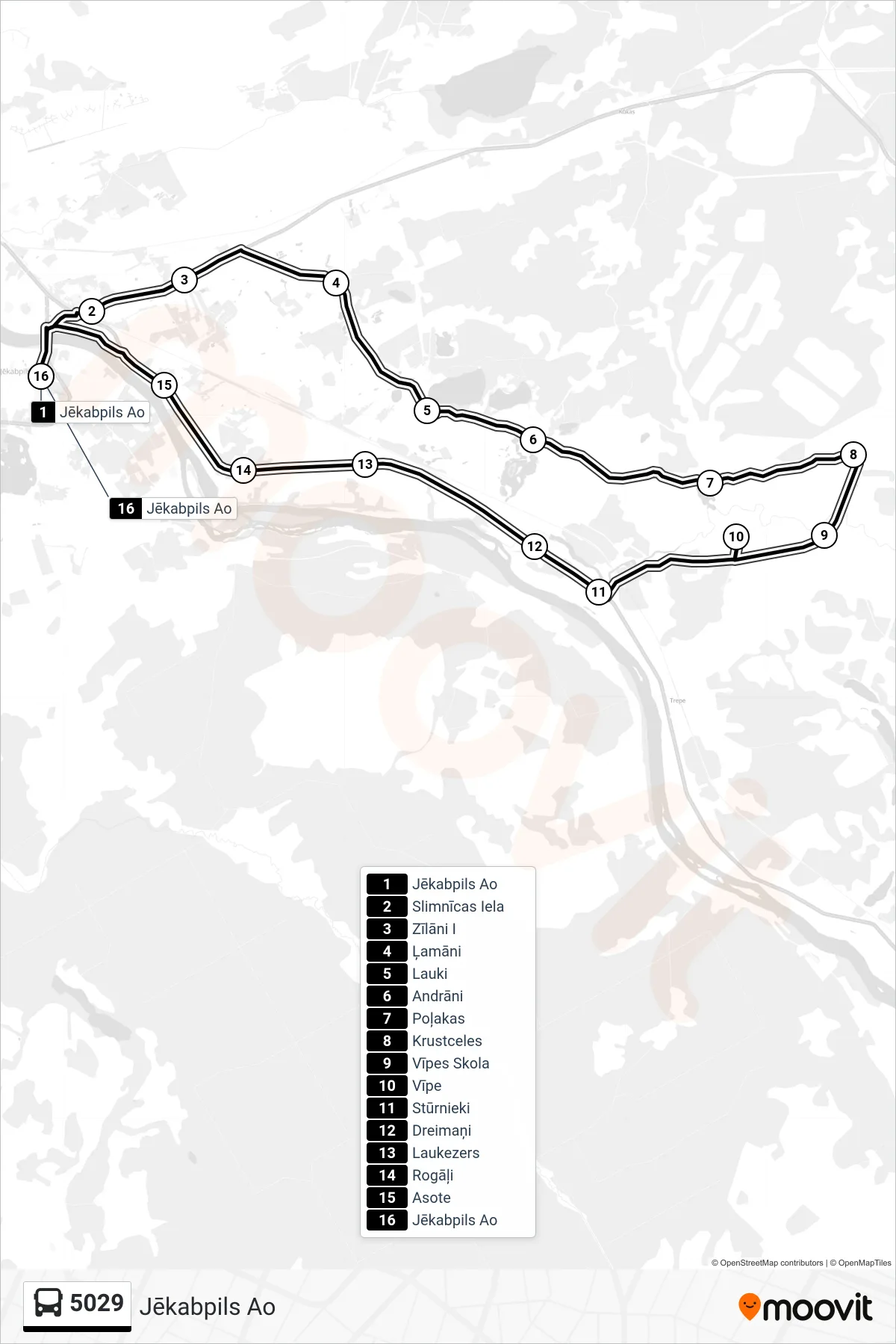 5029 bus Line (Jēkabpils Ao) route and stops on a map
