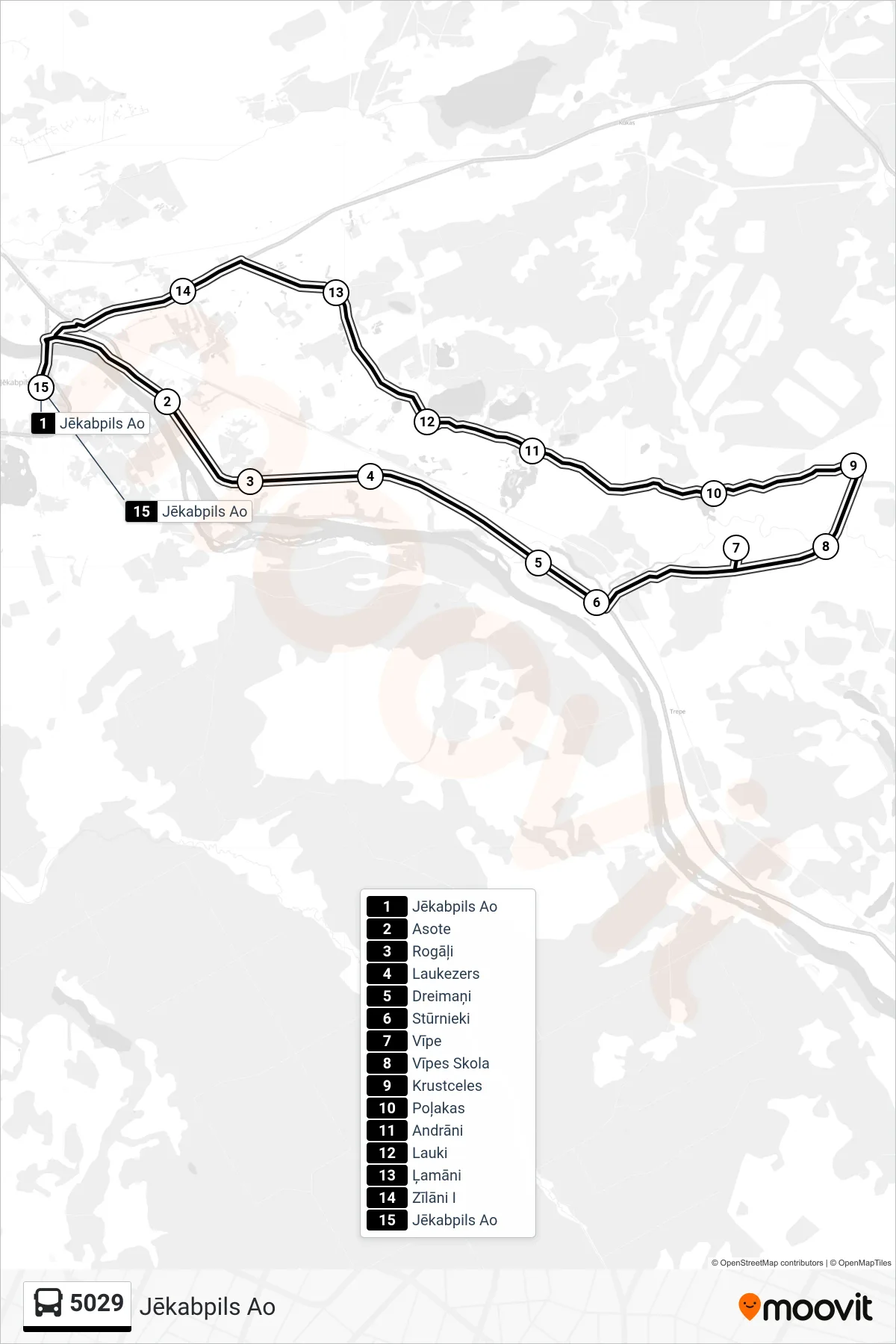 5029 bus Line (Jēkabpils Ao) route and stops on a map