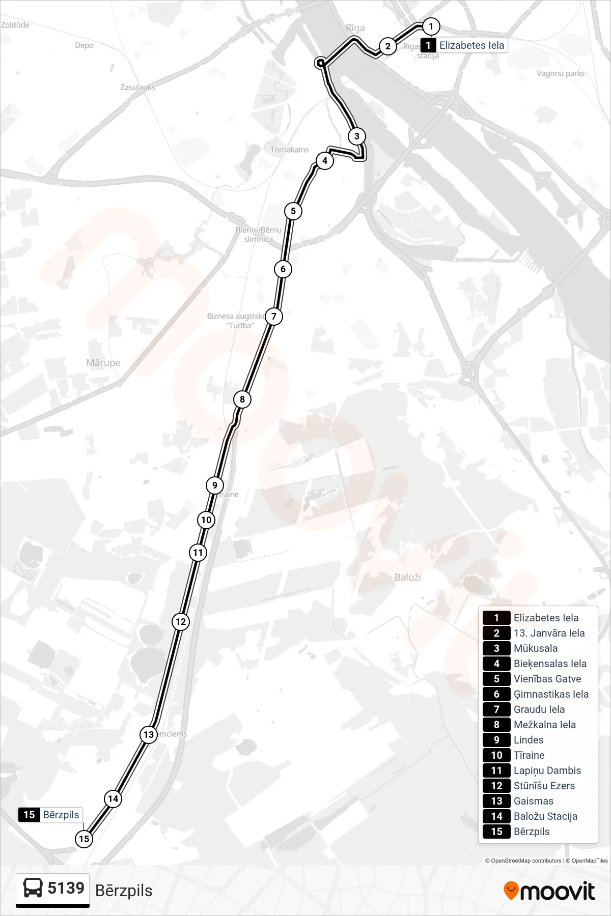 5139 bus Line (Bērzpils) route and stops on a map
