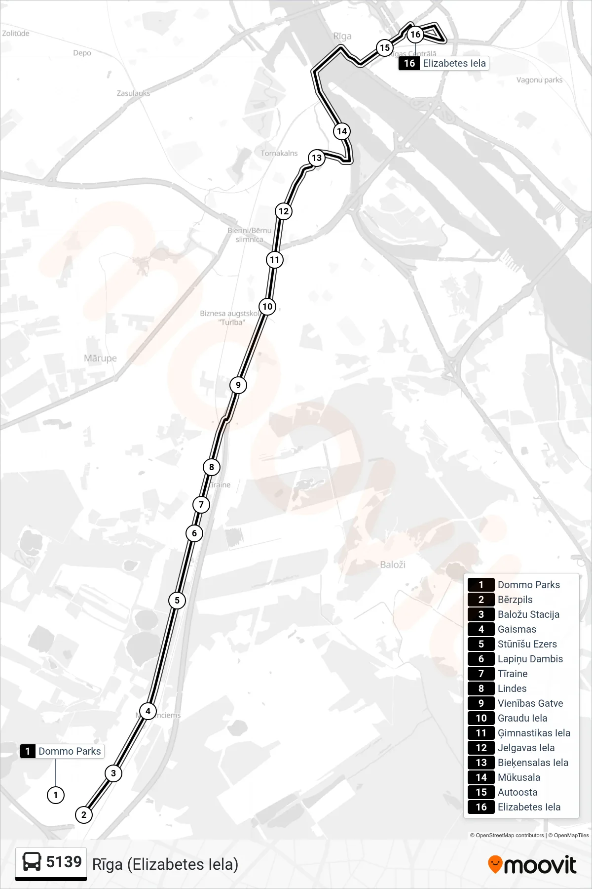 5139 bus Line (Rīga (Elizabetes Iela)) route and stops on a map