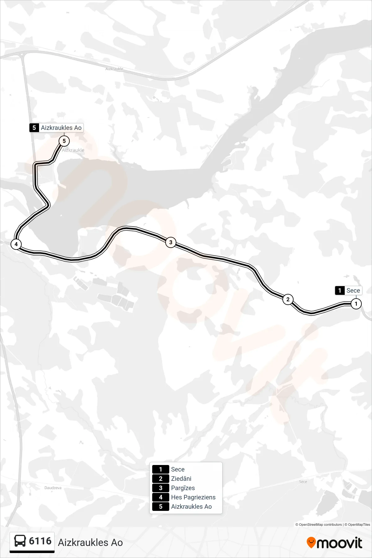 6116 bus Line (Aizkraukles Ao) route and stops on a map