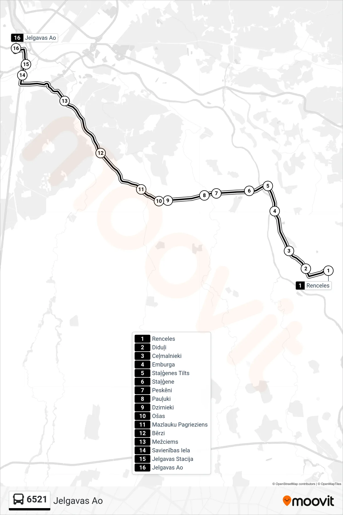 6521 bus Line (Jelgavas Ao) route and stops on a map
