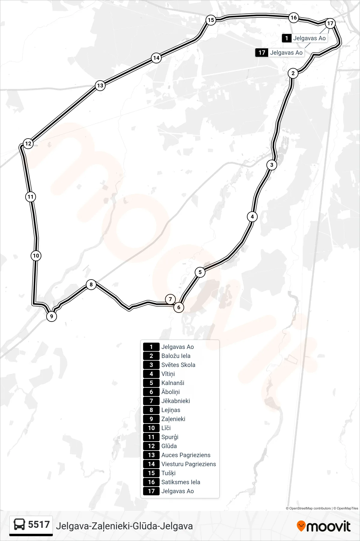 5517 bus Line (Jelgavas Ao) route and stops on a map