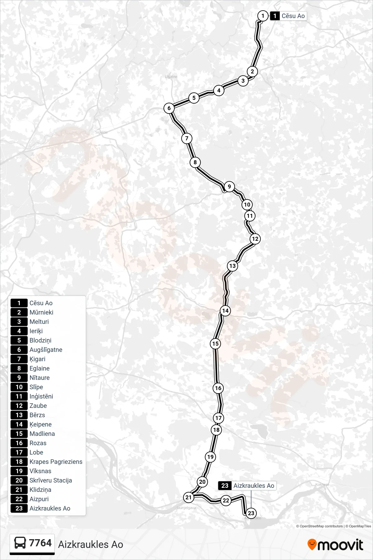 7764 bus Line (Aizkraukles Ao) route and stops on a map