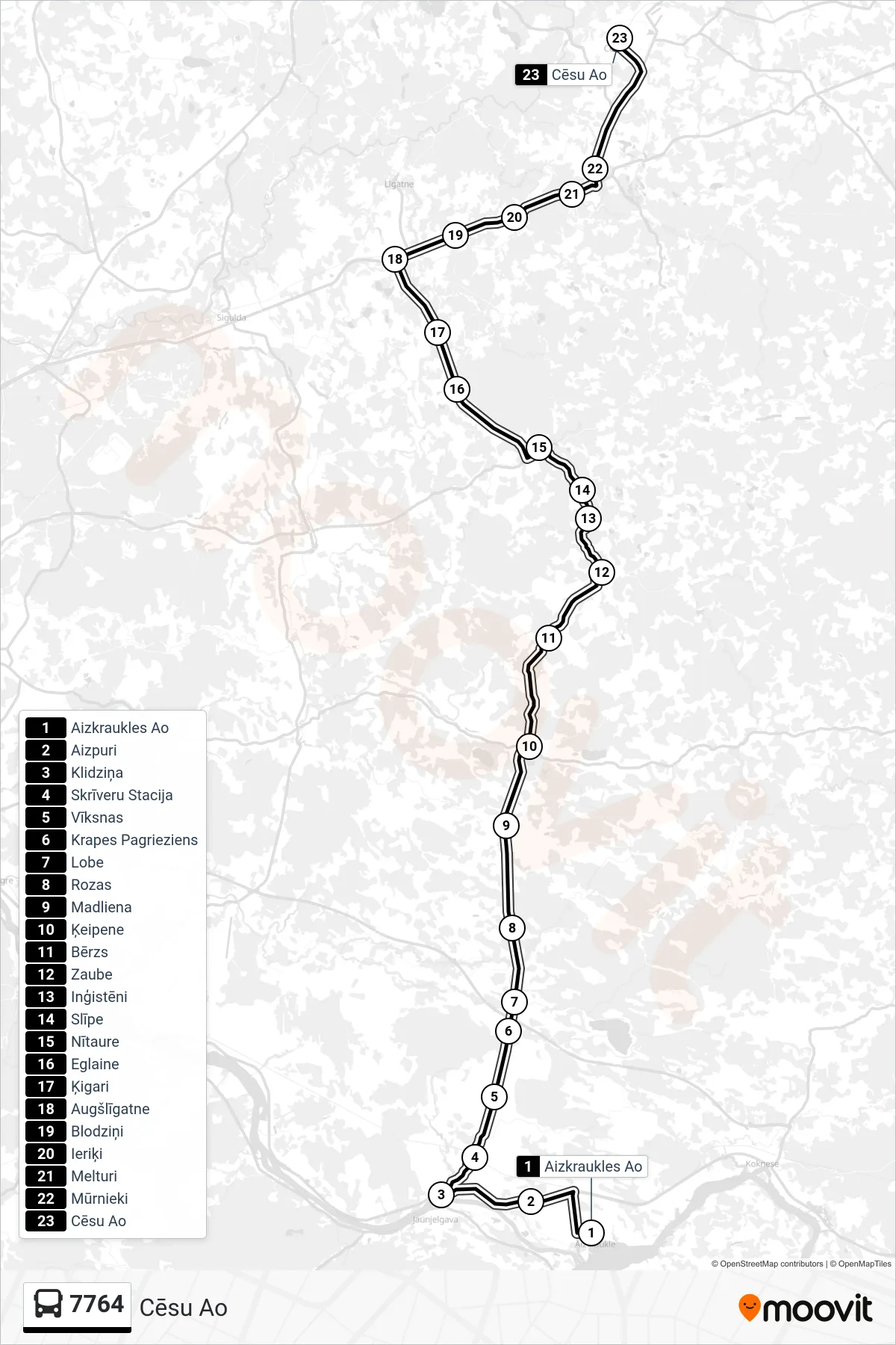 7764 bus Line (Cēsu Ao) route and stops on a map