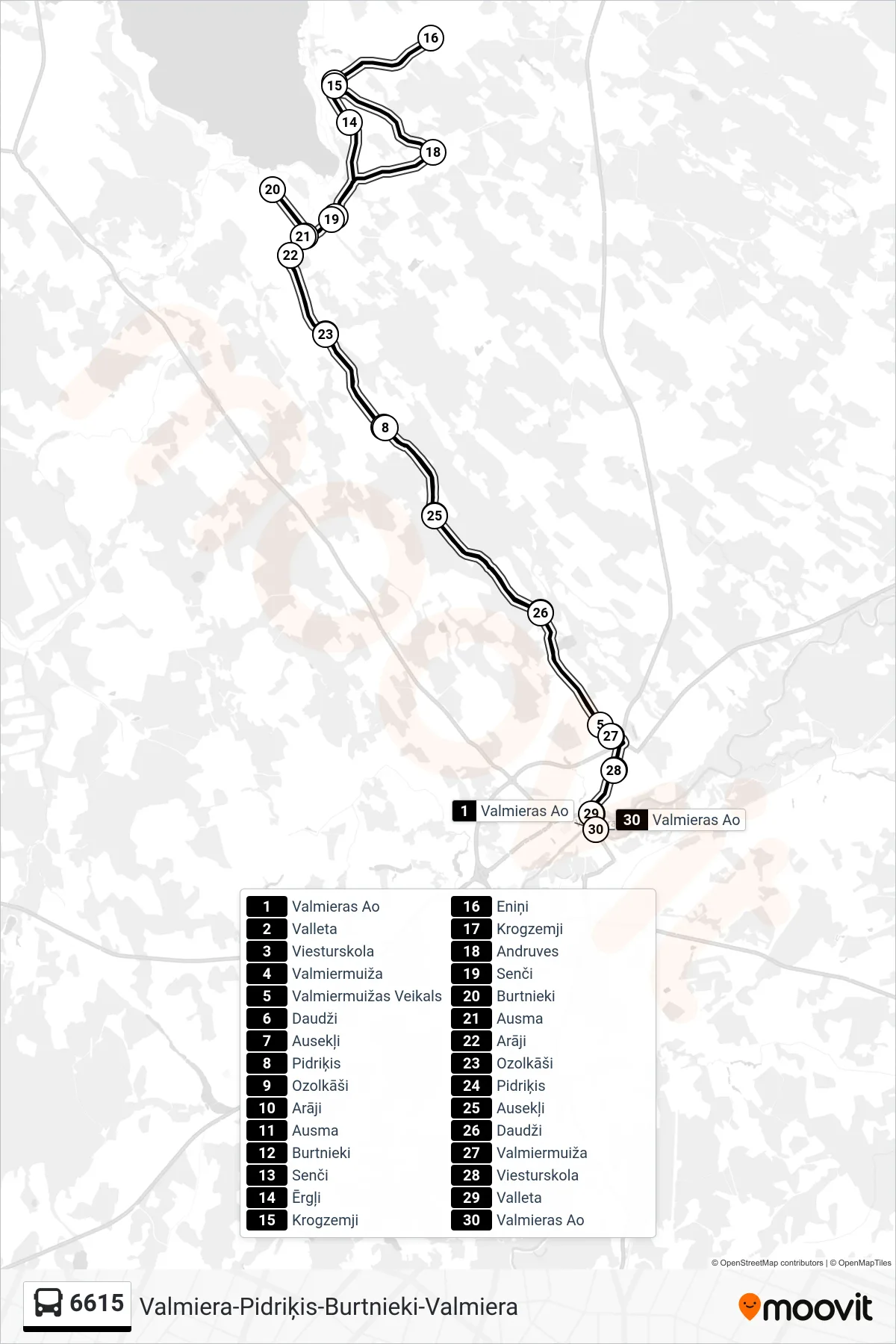 6615 bus Line (Valmieras Ao) route and stops on a map