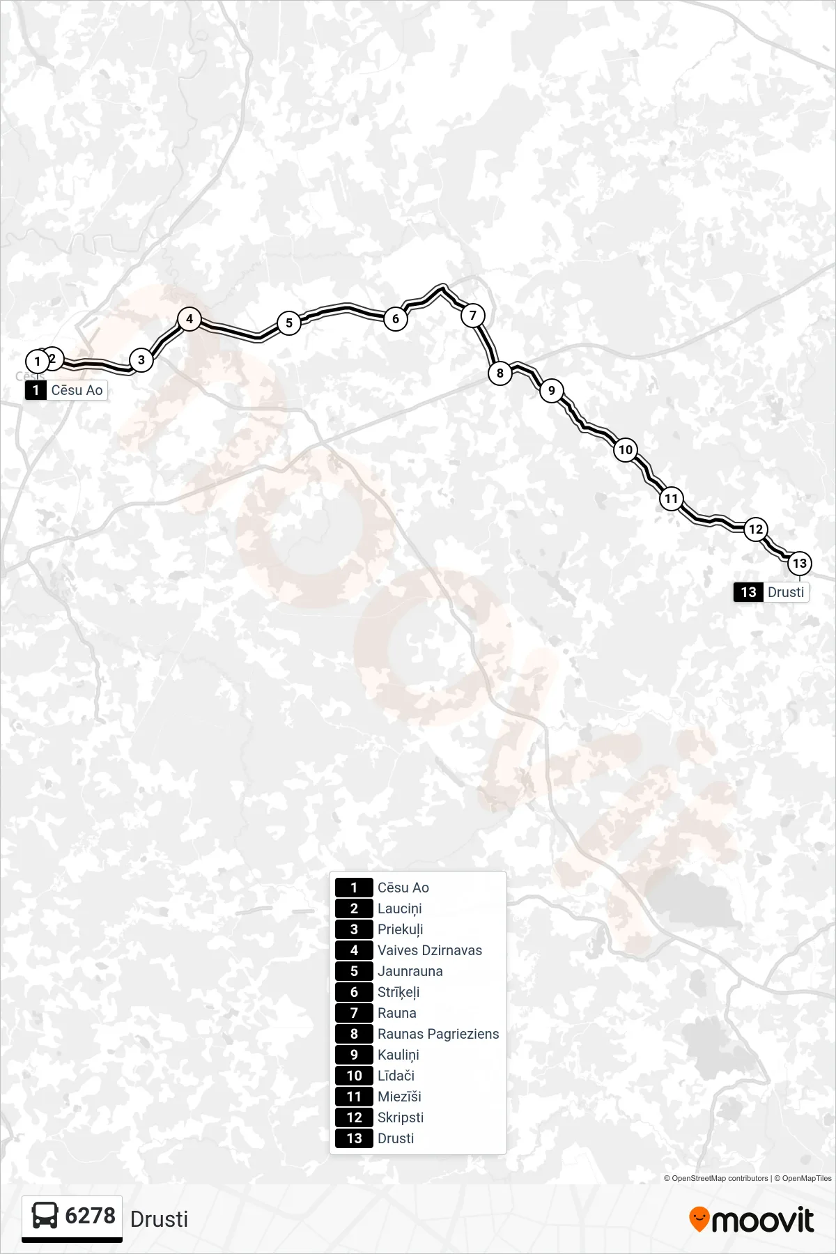 6278 bus Line (Drusti) route and stops on a map
